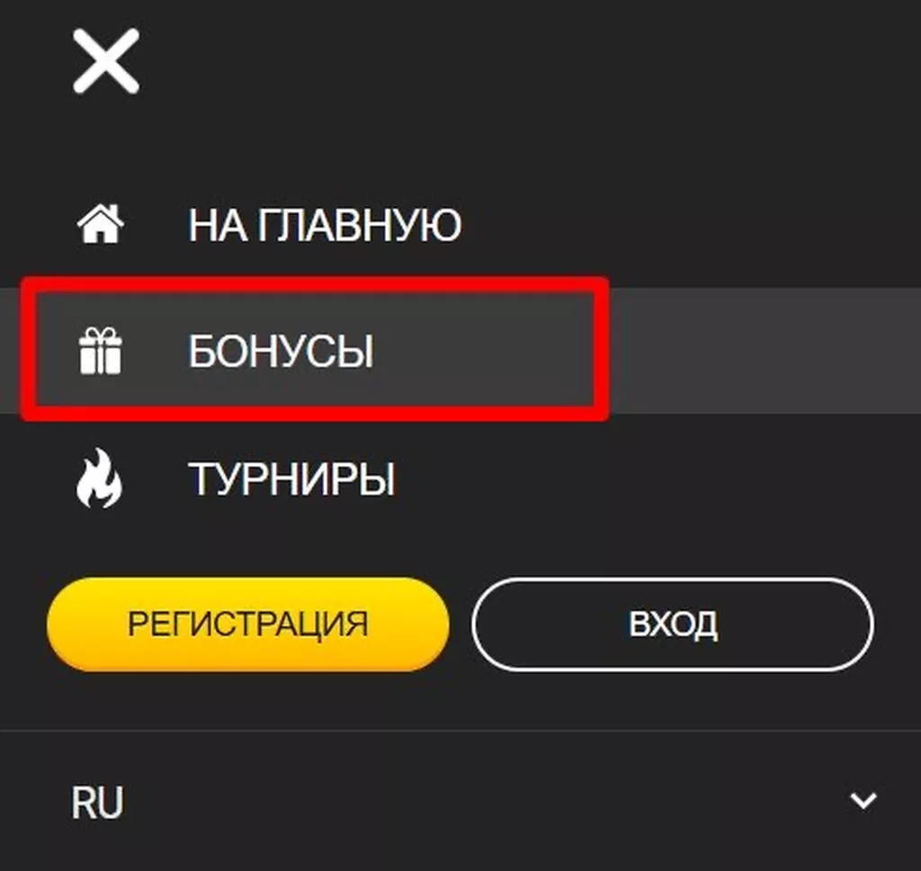 Кнопка «Бонусы» в основном меню сайта