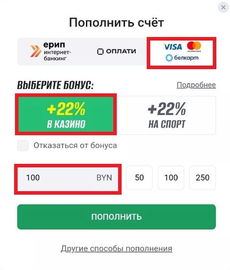 Игрок выбрал cash-бонус для казино, способ внесения средств, ввел сумму