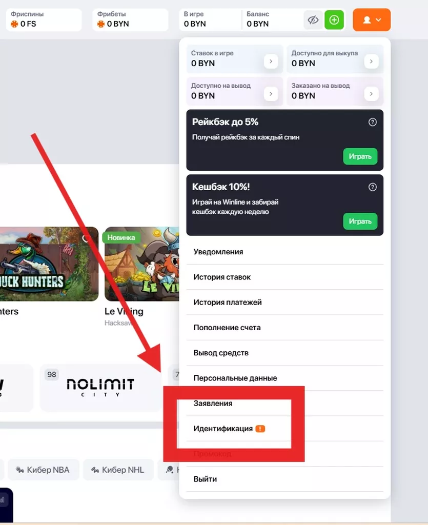 Раздел «Идентификация» в ЛК казино Винлайн