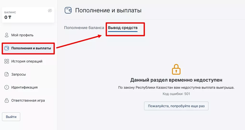 Вкладка «Вывод средств» в разделе «Пополнения и выплаты»