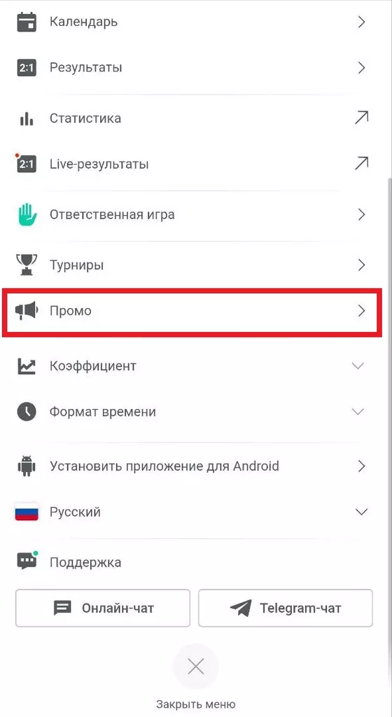 Раздел «Промо» в главном меню на мобильной версии сайта Pun Up
