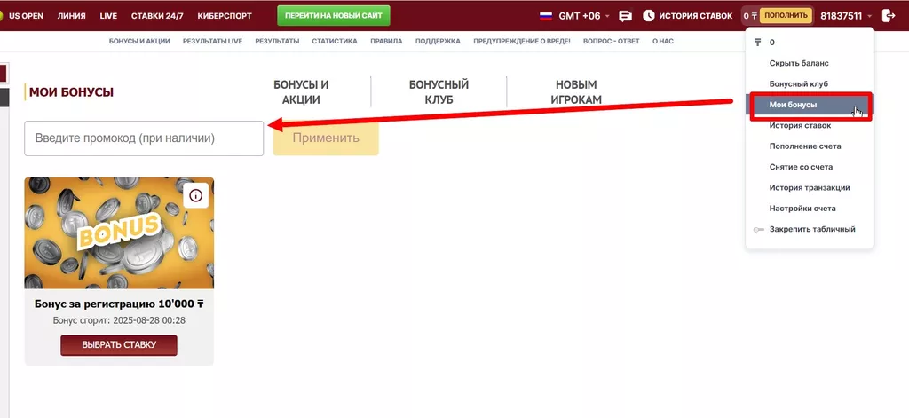 Форма для ввода промокода в разделе «Мои бонусы» на сайте Олимпбет Казахстан