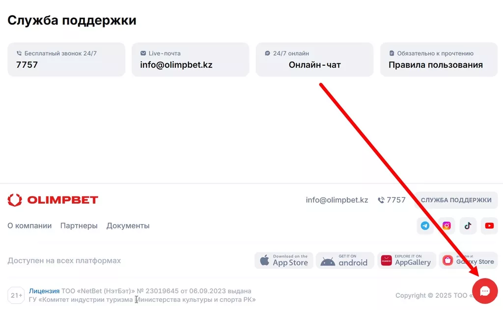 Все контакты техподдержки БК, справа внизу – кнопка вызова чата