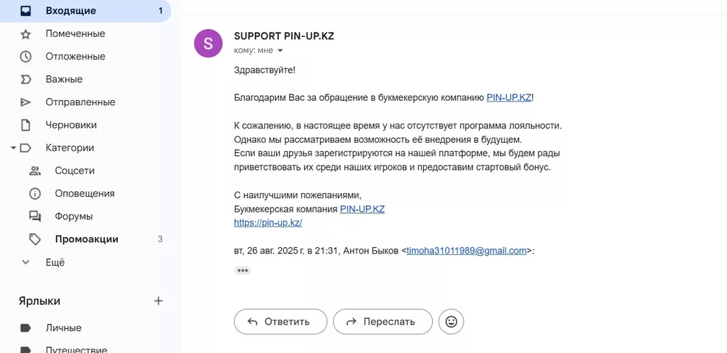Ответ службы поддержки Пин Ап на вопрос о наличии программы лояльности