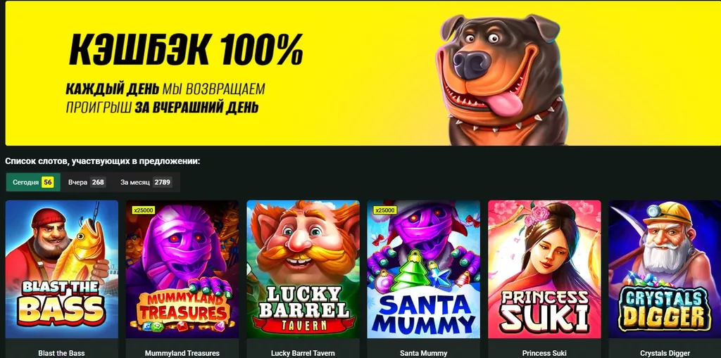 Страница акции и слоты, за игру на которых можно получить cashback