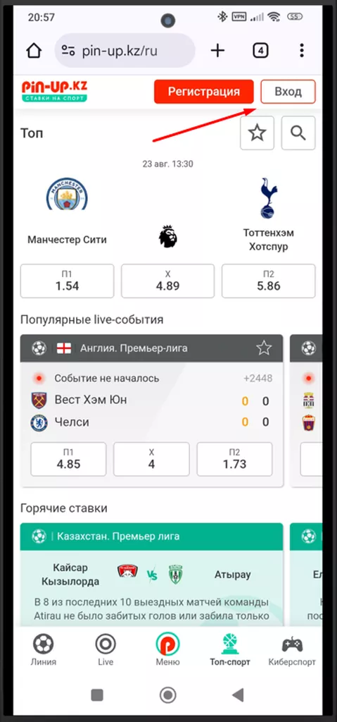 Кнопка «Вход» в букмекерской конторе Пин-Ап