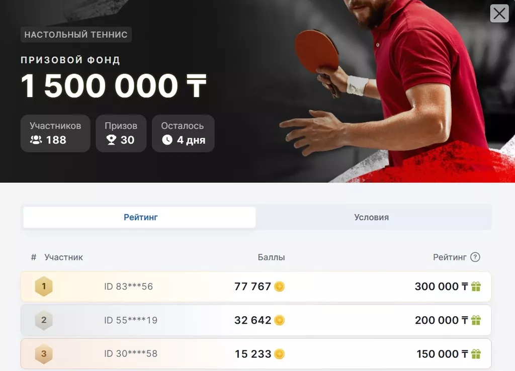 Турнир по ставкам на настольный теннис с призовым фондом 1,5 млн KZT